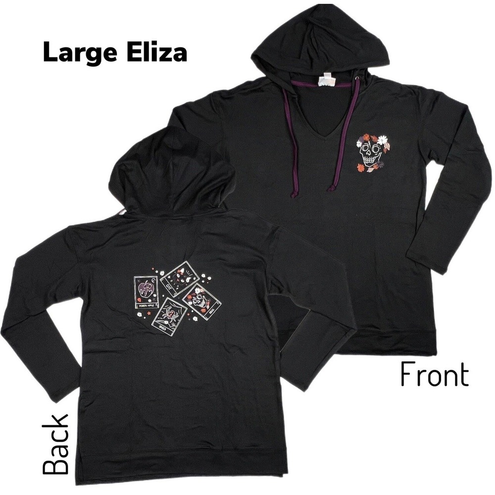 Large LuLaRoe Eliza Hooded Top Halloween Front Back Skull Cards Black Fit 14/16